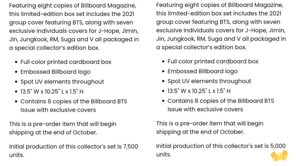 Описание товара (Billboard 2021 Limited Edition Collector’s Box Set featuring BTS) на момент 27 августа/7 сентября